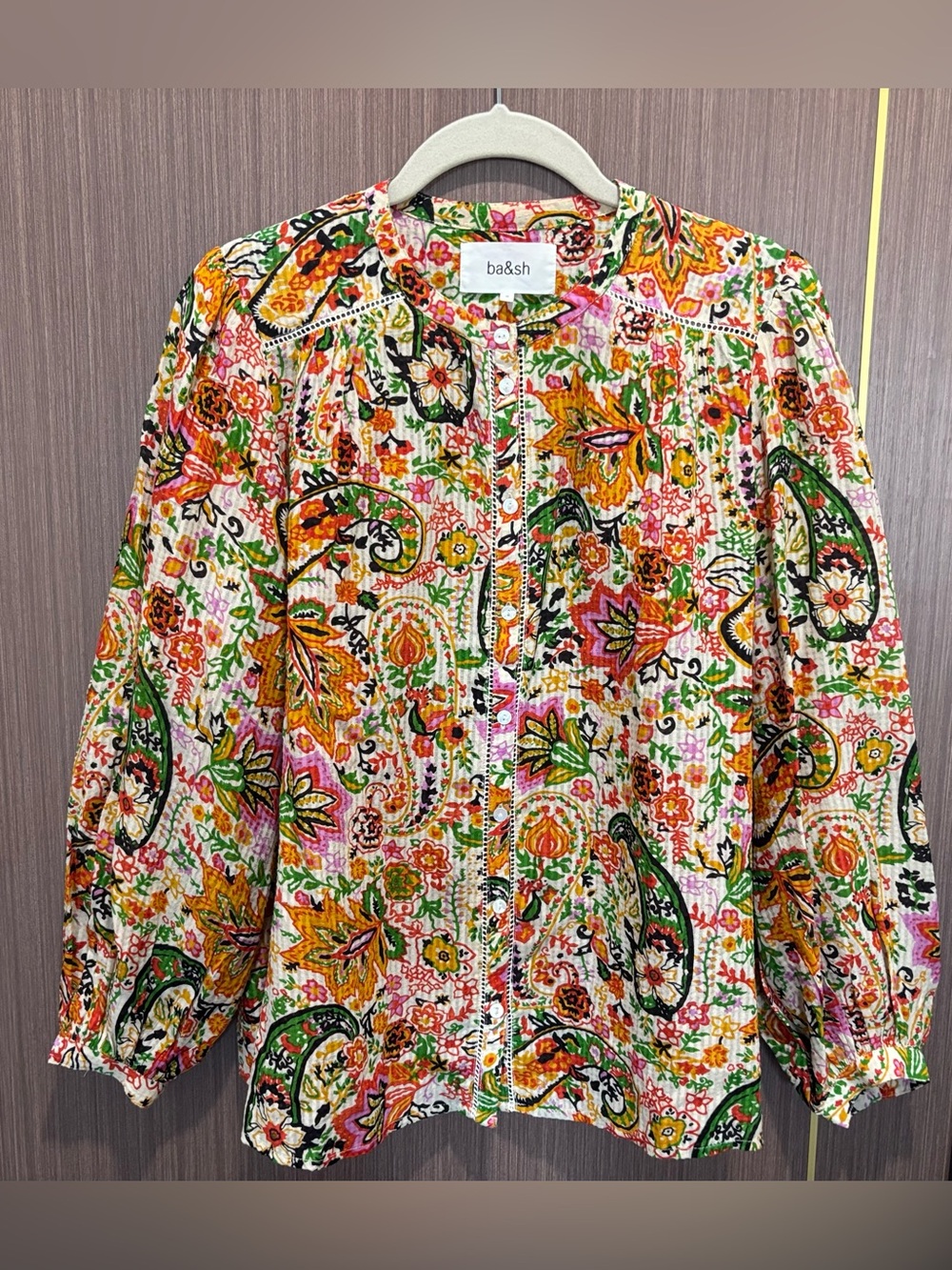 ba&sh Bianca Paisley Gauze Blouse Ladder Lace Button Front Peasant Top XS